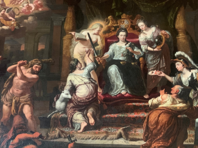 'Gerechtigheid' van Herman Collenius (1699) in de GS-kamer. Rechts naast Justitia staat Prudentia, met een bolle spiegel.
